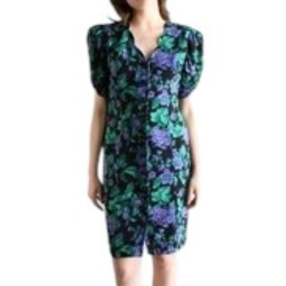 VTG 80s ADRIAN JORDAN Black Floral Button Front Sheath Dress SZ 14 - Picture 2 of 13
